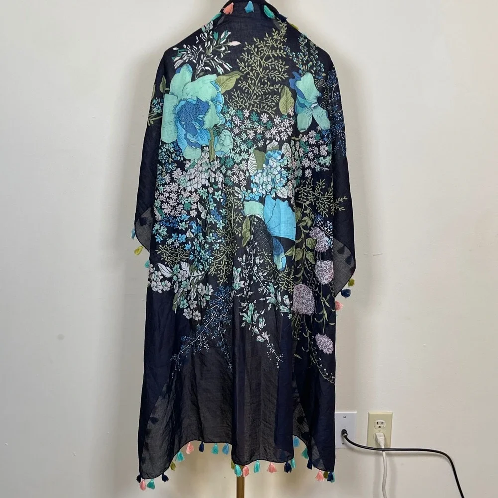 Bohemian Floral Print Square Scarf Shawl Tassel Trim Blue Green Pink Art to Wear